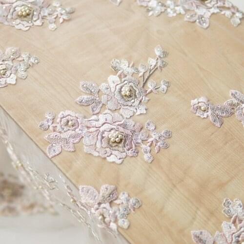 High quality soft mesh lace material White 3D beads, yarn dyed embroidery tissu Fashion clothes fabric