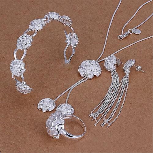 High-quality classic rose flower 925 sterling Silver Jewelry set rings bangles Bracelets necklaces stud earrings for women gifts