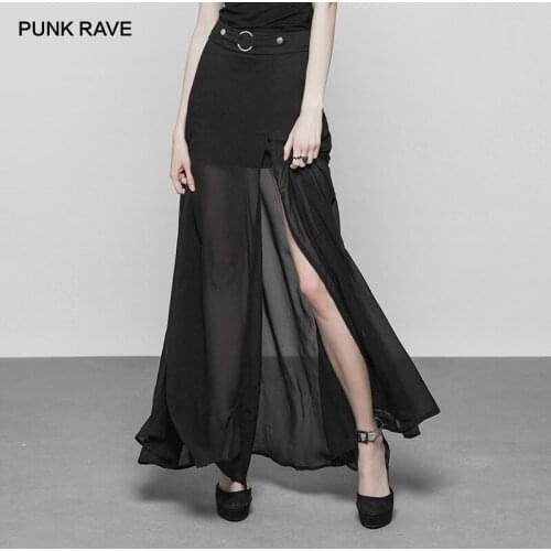 PUNK RAVE New Gothic Womens Black Long Two-layered Chiffon O-ring and Belt Strap Maxi Skirt Sexy Chiffon Slit Transparent Lace