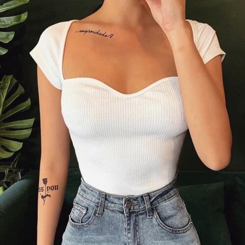 Womens Summer Wild Crop Tops Solid Color Short Sleeve Low-Cut V-Neck Slim Fit Daily Streetwear Casual Wild Thin T-Shirt