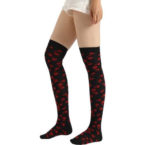 Women Men Over Knee Long Halloween Skeleton Printed Thigh High Cotton Socks Sweet Cute Plus Size Overknee Socks
