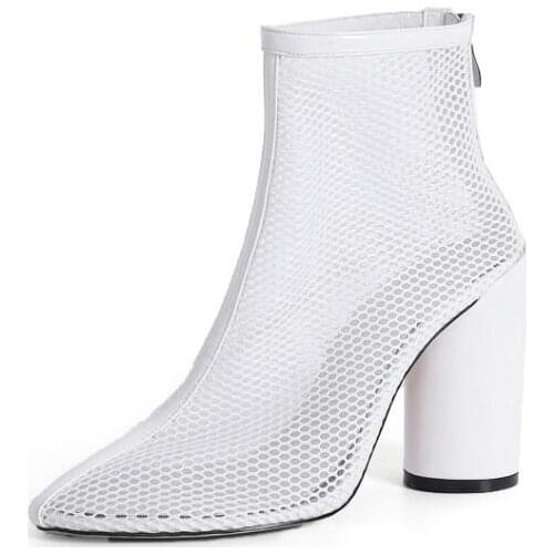 Moraima Snc Hot Selling White Mesh Grid Thick Heels Ankle Boots Round Toe Summer High Heel Shoes Transparent Runway Boots
