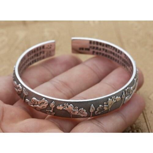Solid 999 Sterling Silver HEART SUTRA lotus flower Pray Women Retro Cuff Bangle Bracelet mom gift jewelry A4630