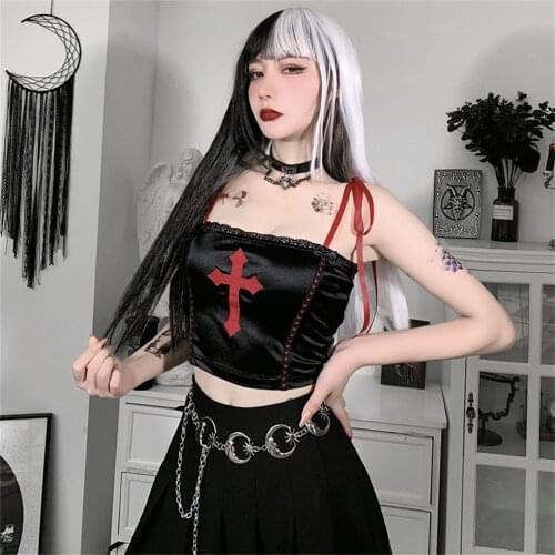Crosses Sexy Drawstring Suspenders Top Lace Sleeveless Y2k Camisole Black Summer Lace-up Crop Top Women