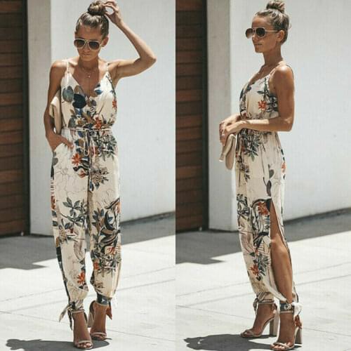 2019 Fashion Women Floral Sleeveless Jumpsuit Long Trousers V Neck High Waist Baggy Overalls Trousers Solid Romper Jumpsuit
