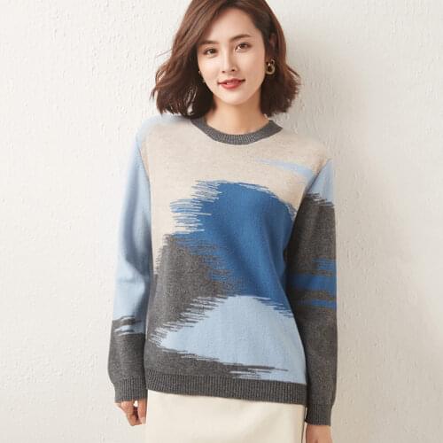 2021 Autumn Winter Womens Pullover Casual Stitching Round Neck Wool Sweater Plus Size Knit Shirt Cashmere Sweater Ladies Top