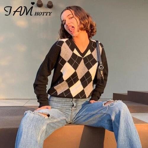 Harajuku Argyle Plaid Sweater Women Autumn Winter 2020 Vintage Casual Cute Pullover Girls Korean Knitwear Female Iamhotty