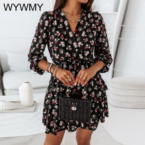 WYWMY Fashion V Neck Long Sleeve Floral Mini Dress Women Autumn Loose Casual Office Ladies Vintage Dresses For Woman Robe Femme