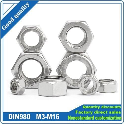 Hexagon Metal Lock Nuts M3 M4 M5 M6 M8 M10 M12 M14 304 Stainless Steel Fastener Self-locking Screws Anti-loosing Nut DIN980