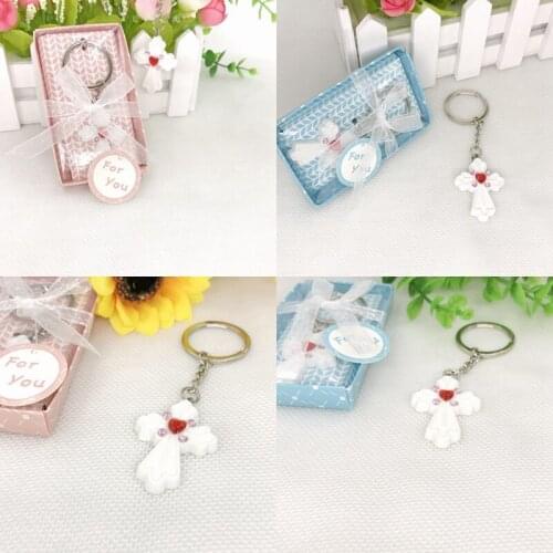 50PCS Baby Christening Party Giveaway Cross Keychain in Gift Box Crucifix Key Chain Wedding Favors