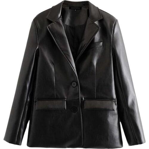 PU Faux Leather Blazer Coat Women Jacket New Vogue Notched Collar Long Sleeve Vintage Female Outerwear Chic Tops Coat Jacket