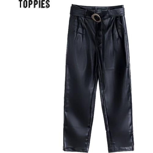 Toppies 2021 Black Pu Leather Pants Fashion High Waist Trousers Ladies Straight Pants with Belt pantalon femme
