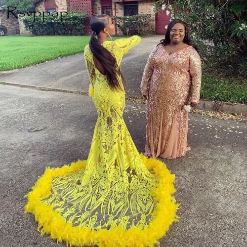 African Black Girl Long Prom Dresses 2021 New Arrival Long Sleeves Sexy Lace Feathers Mermaid Prom Dress