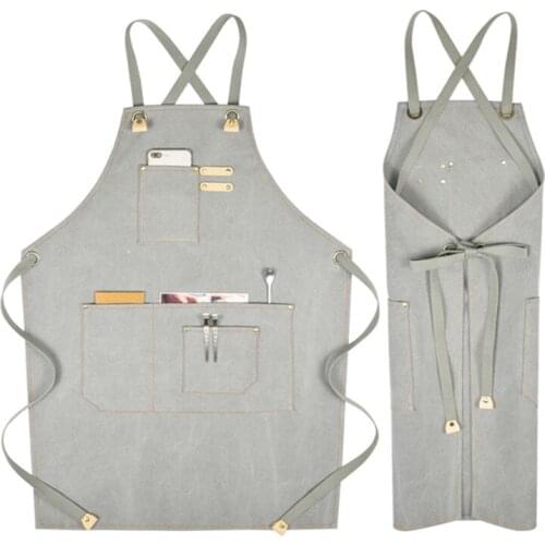 Khaki Gray Canvas Apron Crossback Strap Barista Bistro Restaurant Pastry Chef Uniform Florist Barber Hairdresser Work Wear K22