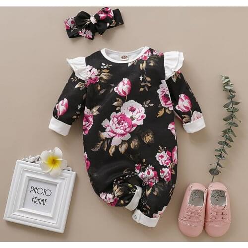 Ins Baby Girl Clothes 2021 New Spring Solid Color Romper With Flower 0-18m Long Sleeve Jumpsuit 2pcs Clothing For Newborn Outfit