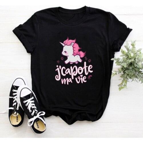 Jcapote Ma Vie Letter T Shirt Women Cotton Funny Unicorn Tshirt Women Short Sleeve Printed Tee Shirt Womans Black Femme T-shirts