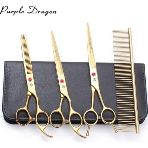 Dog Grooming Kit Professional 7" Purple Dragon JP Stainless Steel Dog Scissors Set Straight Thinning Shears Curved Shears Z3002