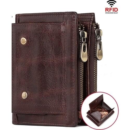 Crazy Horse Leather Mens Wallet Coin Purse RFID Antimagnetic Male Retro Double Zipper Money Bag Card Holder