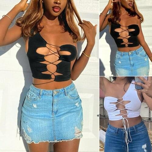 Hot kf-Womens Fashion Front Chest Bandage Solid Color One Shoulder Sexy Tank Top