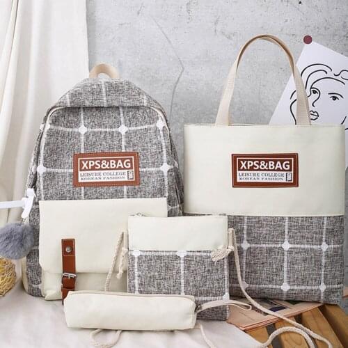 4pcs Fashion Canvas Backpack Hit Color Plaid Pattern Design Travel Camping Bag Large Capacity Student School Bags