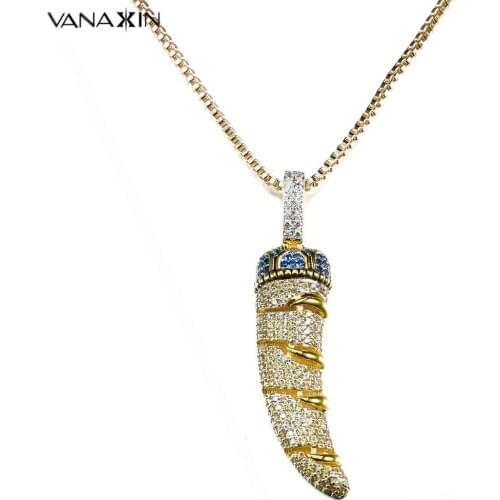 VANAXIN Ox Horn Statement Necklaces For Women Men Full Paved AAA CZ Crystal Stone Jewelry Charms Pendants Gold Vintage Gift