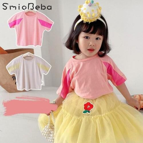 Summer Newest Baby Girls Pink Shirts Color Contrast Loose Top Bat Neck Short Sleeve Tee Korean Blusa Infantil Blouse For Girls