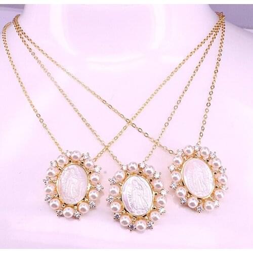 3Pcs cubic zirconia micro pave charm Mary shell oval pendant with pearl Fashion necklace jewelry