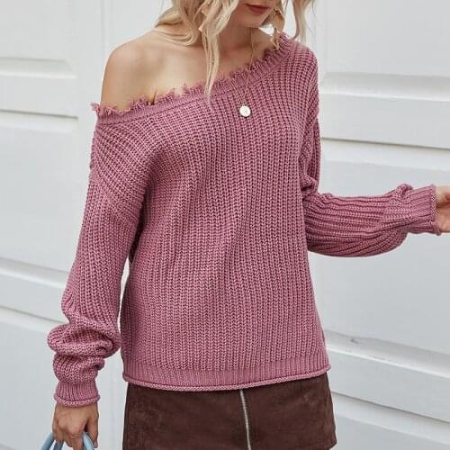 Fall / Winter 2020 New European American Sexy Off Shoulder T-Shirt Loose Pullover Comfortable Versatile Solid Color Leisure
