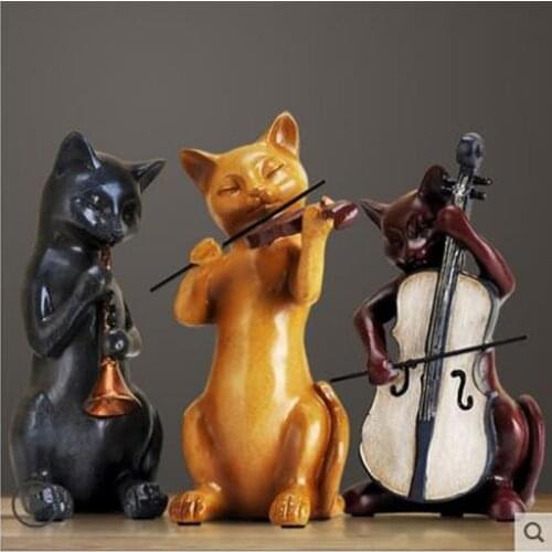 Three musical cat statue crafts, Nordic animal sculpture artwork, home office desktop decoration, holiday gifts