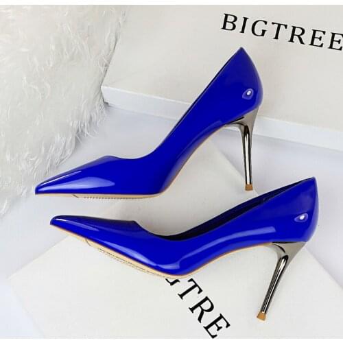 2020 New Fashion Women Designer Blue Green High Heels Pumps Patent Leather Stripper Stiletto Wedding Holographic Shoes Plus Size