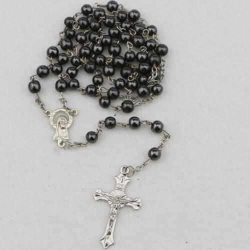 HIGH QULITY CATHOLIC ROSARY CROSS NECKLACE HEMATITE BLACK STONE BEADS WITH JERUSALEM SOIL&CRUCIFIX