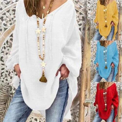 2020 New Women Sexy V Neck Loose Cotton Blouse Shirt 2020 Autumn Winter Long Sleeve Yellow Red Blouses Tops Plus Size 5XL