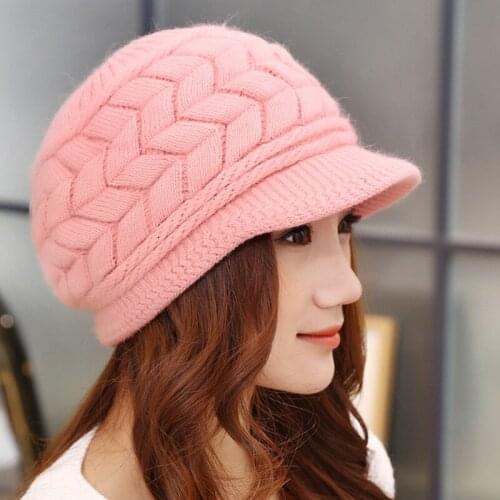 Womens Winter Warm Leaf Pattern Knitted Peaked Cap With Visor Lady Stylish Rabbit Fur Hat Female Fleece Inside Snow Ski Hats