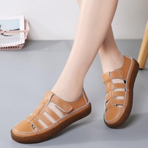 Hollow women flats 2021 large size round toe hollow casual women sandals leather velcro mesh breathable solid color women shoes