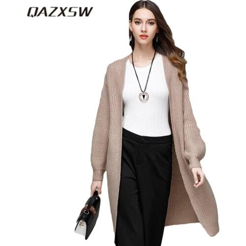 QAZXSW Women Basic Coat Korea Sweater Cardigan For Woman Long Cardigan Loose Knitted Coat Solid Autumn Jumper Warm Jacket HB077
