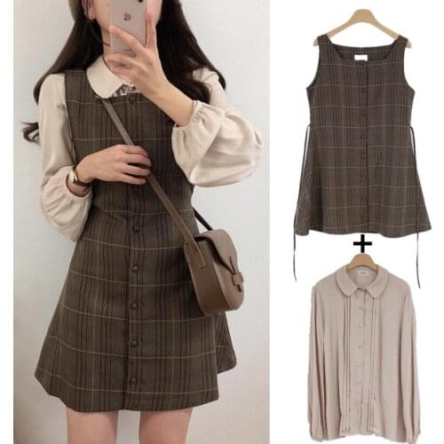 2020 Korean Fashion Small Tall Style New Baby Stand Collar Shirt + Plaid Skirt Fashion Set Autumn 2 Piece Set Women