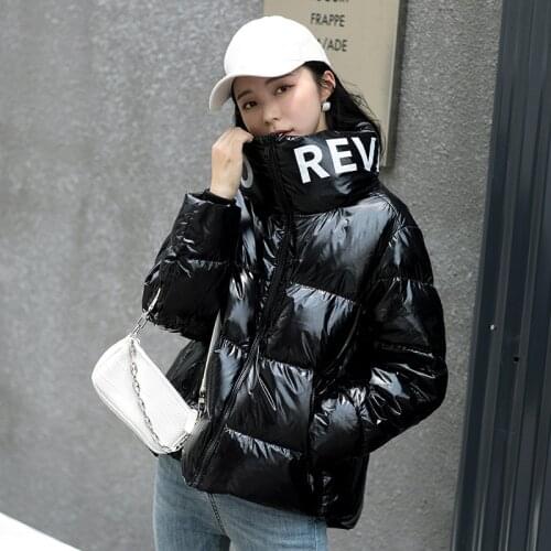 Womens Down Jacket Short Warm Stand Collar Down Parka Fad Loose Fit Vogue Glossy Waterproof Winter Down Coat Vetement Femme