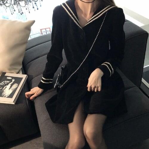 FONELY FAIRY Autumn New Style Dark Wind Velvet Thread Thickened Navy Collar Single Breasted Dress