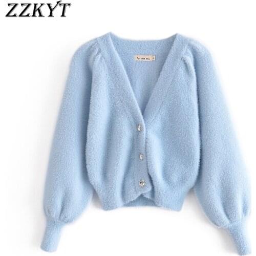 ZZKYT 2021 Women Spring Fashion Solid Cardigan Knitted Sweater Vintage V-Neck Long Sleeve Single Breasted Female Outwear Tops