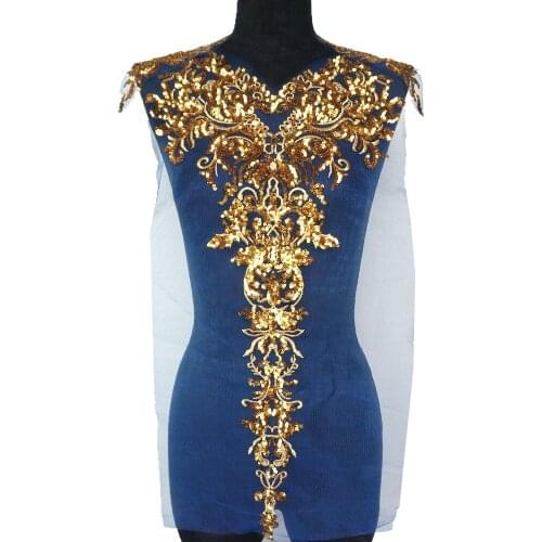 1 Set Gold Sequined Appliques Blue Mesh Epaulette Embroidery Lace Fabric Wedding Sew On Patches For Dress DIY Decoration