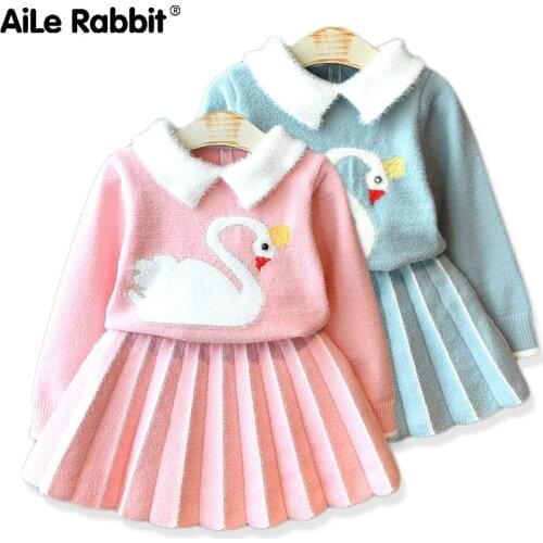 2019 Autumn And Winter New Girls Cartoon Crystal Velvet Swan Sweater Knit Suit Long Sleeve Top Skirt 2 Piece Set Cute Princess