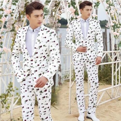 Chorus white slim stage suits for men printing blazer mariage suits mens fashion slim masculino latest coat pant designs singer
