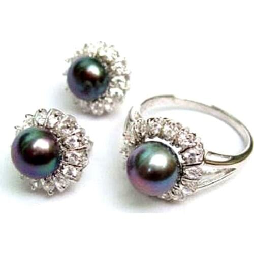 Noblest Silver Natural black akoya pearl Ring + Earrings AAA Grade