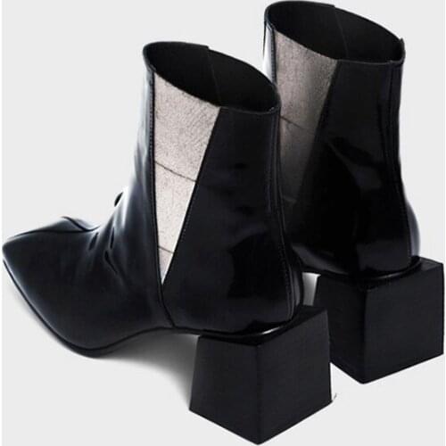 Patent Leather Thick Heel Ankle Boots Women England Style Square Toe High Heel Boots Autumn Black Chelsea Boots Zapatos De Mujer