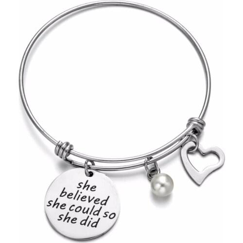 Stainless Steel Expandable Wire Bangle She Believed She Could So She Did Charm Bracelet Inspiration Jewelry for Women Girls