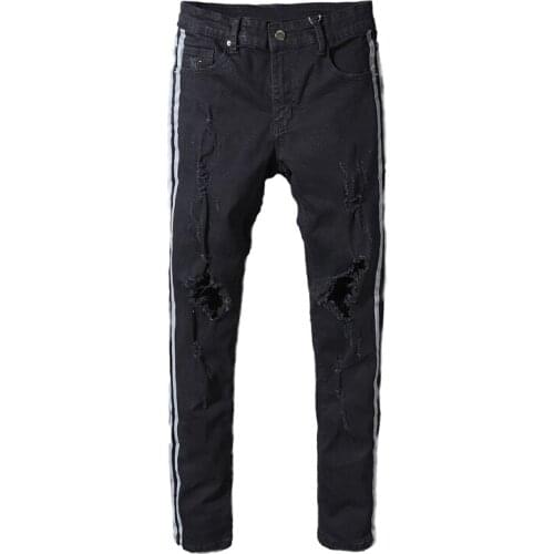 New mens male trousers Street fashion brand summer new style black slim denim pants knife cut holes beggar hairdresse pants
