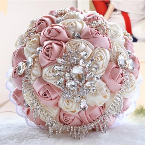 Bride Bouquet Pink and Champagne Flowers Wedding Accessories Bouquet Crystal Holding Bride Novia Wedding Bouquets