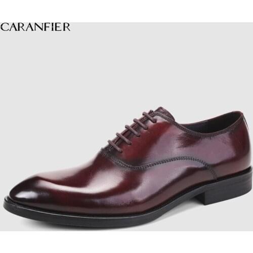 CARANFIER Mens Shoes Genuine Leather Round Toe Lace-Up High Quality Business Basic Solid Color Breathable Male Dress Shoes