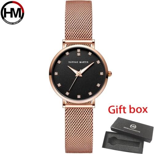 Hannah Martin Women Watches MIYOTA 2035 Movement Wrist watch Clock for Women Milanese Steel Lady Rose Gold Quartz Ladies Watch
