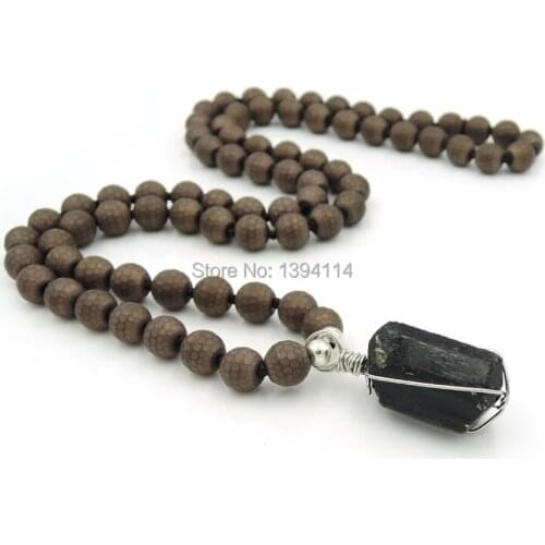 Black Tourmaline Point Wrapped Wire Pendants Necklaces Titanium Brown/Silve r Faceted Hematite Frosted Beads Knot Handmade